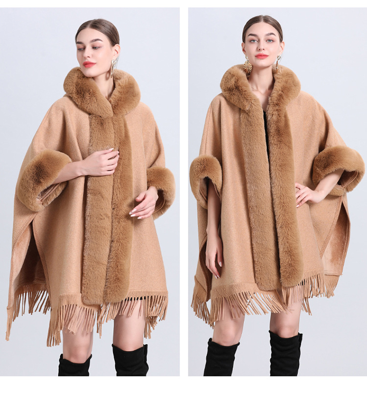 Dameskleding losse plaid plus fluwelen dikke bontkraag gebreide sjaal cape dameswollen sjaaljas_voghion.com