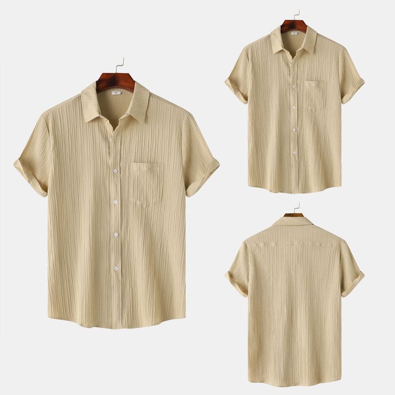 Goods 2024 summer new solid color lapel short sleeved shirt men's_voghion.com