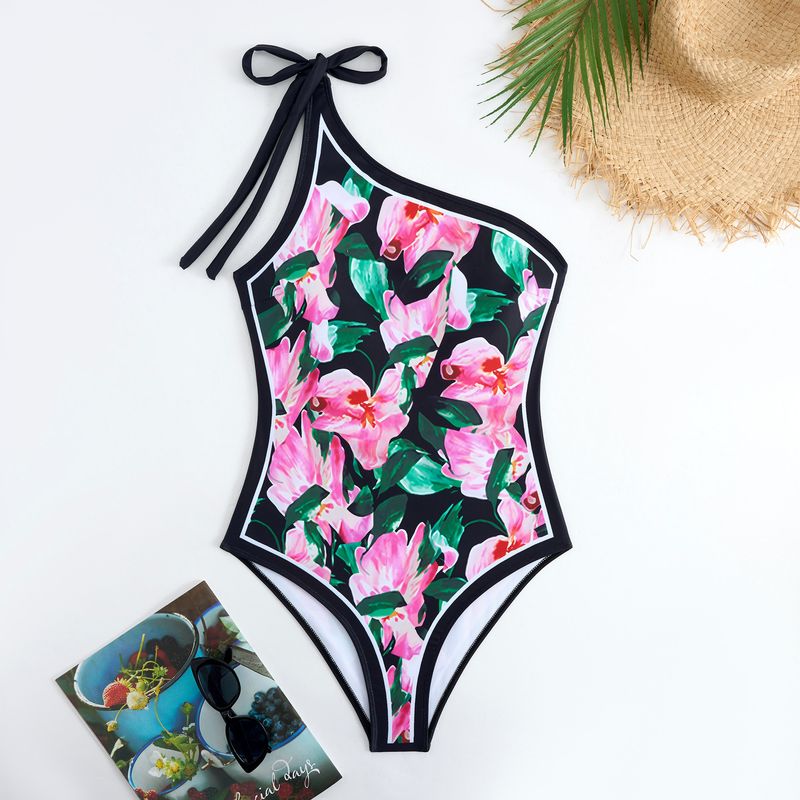 Maillot de bain une pièce sexy pour femme, nouvelle mode, triangle, épaules obliques, polyester imprimé, à lacets_voghion.com