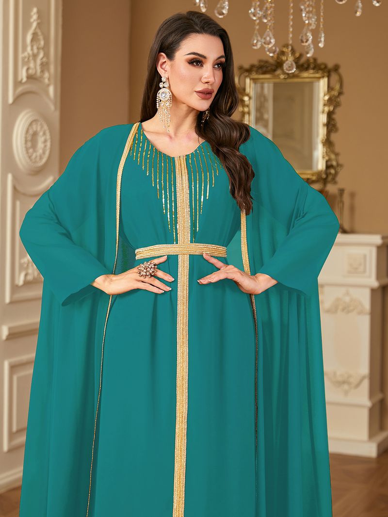 Vêtements pour femmes transfrontaliers du Moyen-Orient Robe arabe Mode paillettes broderie mousseline de soie deux pièces robe Europe et Amérique_voghion.com