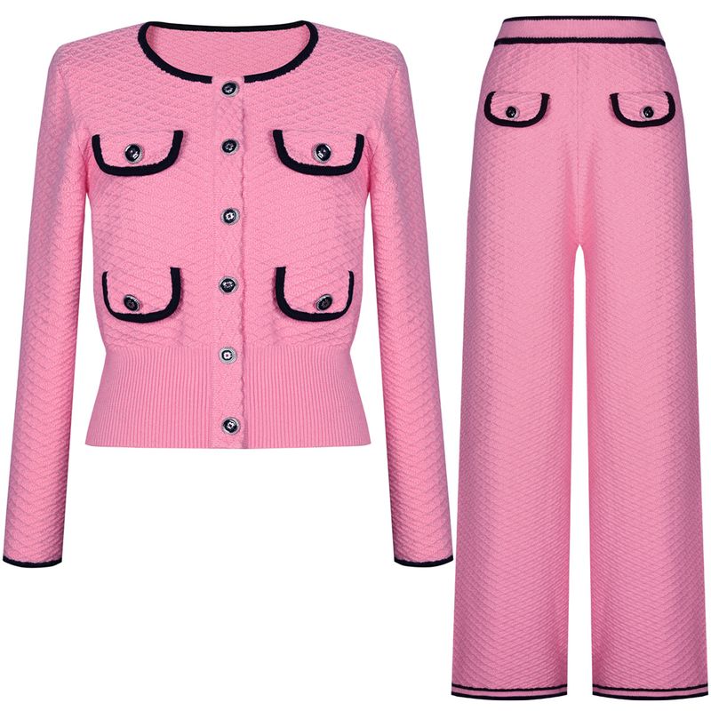 Luxury Knit Suit Set – Elegant Long Sleeve Cardigan & Straight Leg Pants (Black/Pink/White, Sizes S-XL)_voghion.com