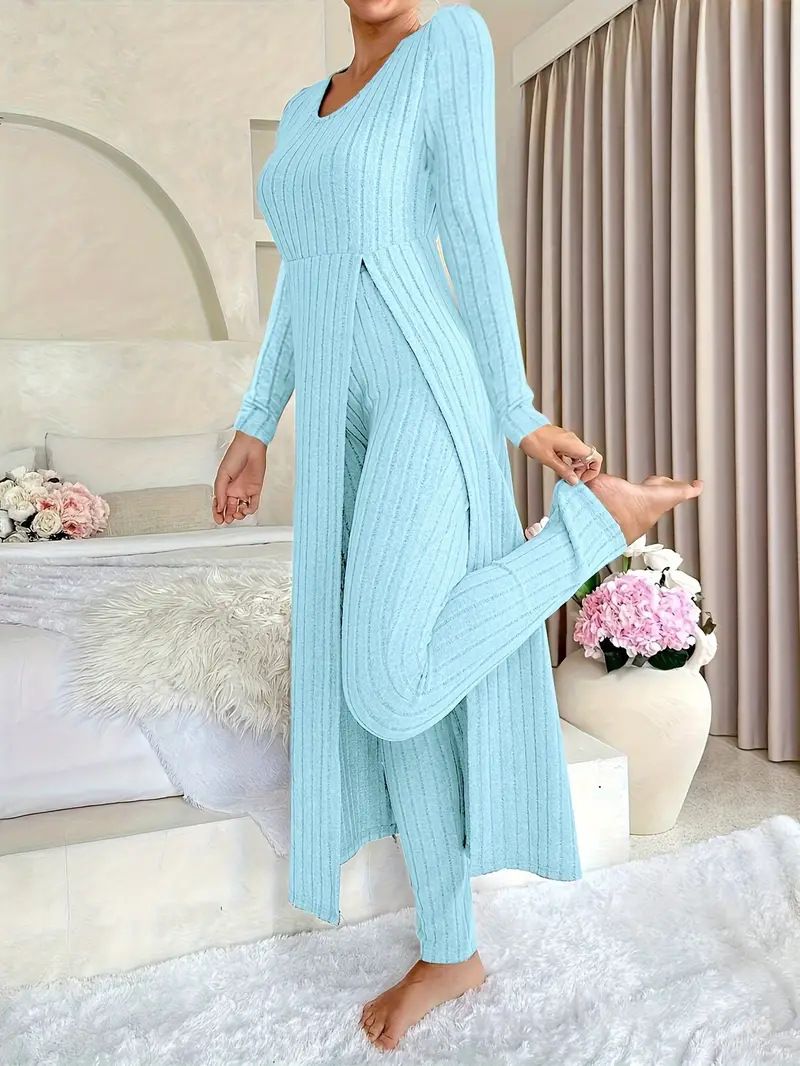 Damen Kleidung Design Rundhals Split Langarm Zweiteiler Anzug Gerippt Frühling_voghion.com