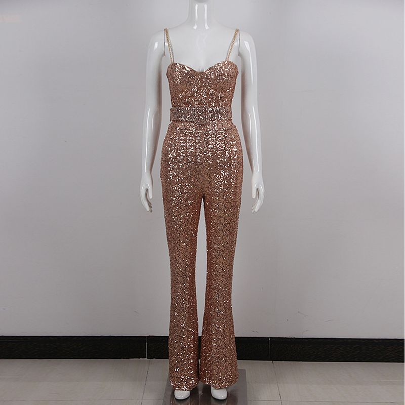 Roupas femininas estilo quente resistente brilhante ouro lantejoulas suspensório macacão europeu e americano moda celebridade festa banquete vestido_voghion.com