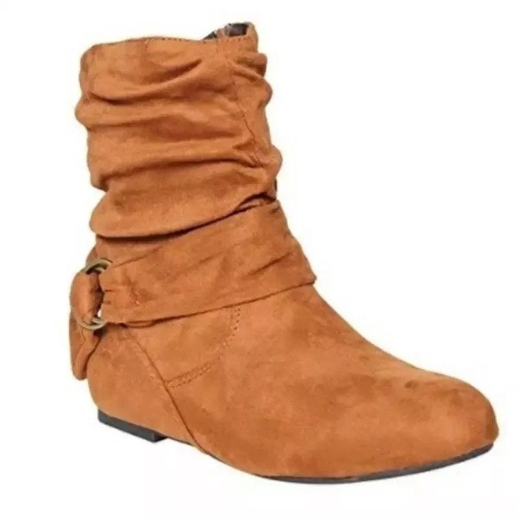 Stivali da donna autunno inverno nuovi, taglia 43, con fibbia piatta, punta tonda, in pelle scamosciata, corti e con cerniera_voghion.com