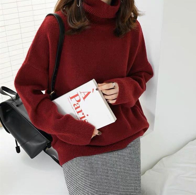 Women's High Neck Sweater Soft Cashmere Blend Knit Pullover Oversized Casual Turtleneck Top In 9 Colors (White, Black, Wine Red, Mocha, Etc.)_voghion.com