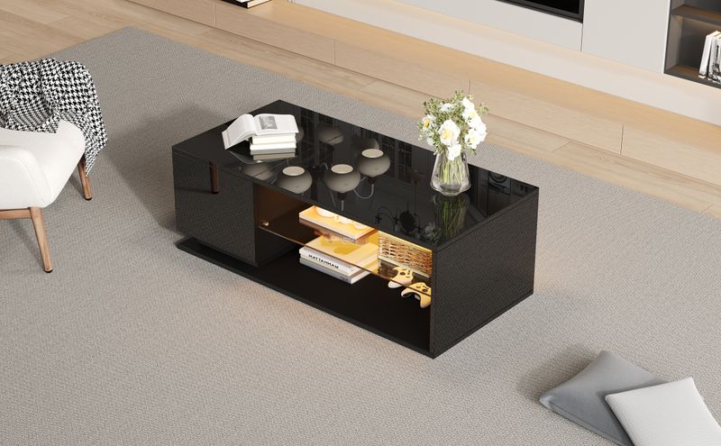 Table basse LED avec rangement, table de salon brillante avec bande lumineuse, 105 x 50 x 36 cm_voghion.com