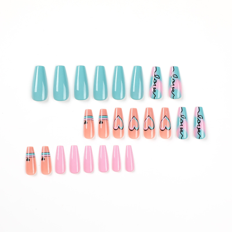 False 24Pcs Acrylic Nails with Glue Wave Line Designs Long Ballet Fake Nails Gradient Coffin Full Cover Nail T_voghion.com
