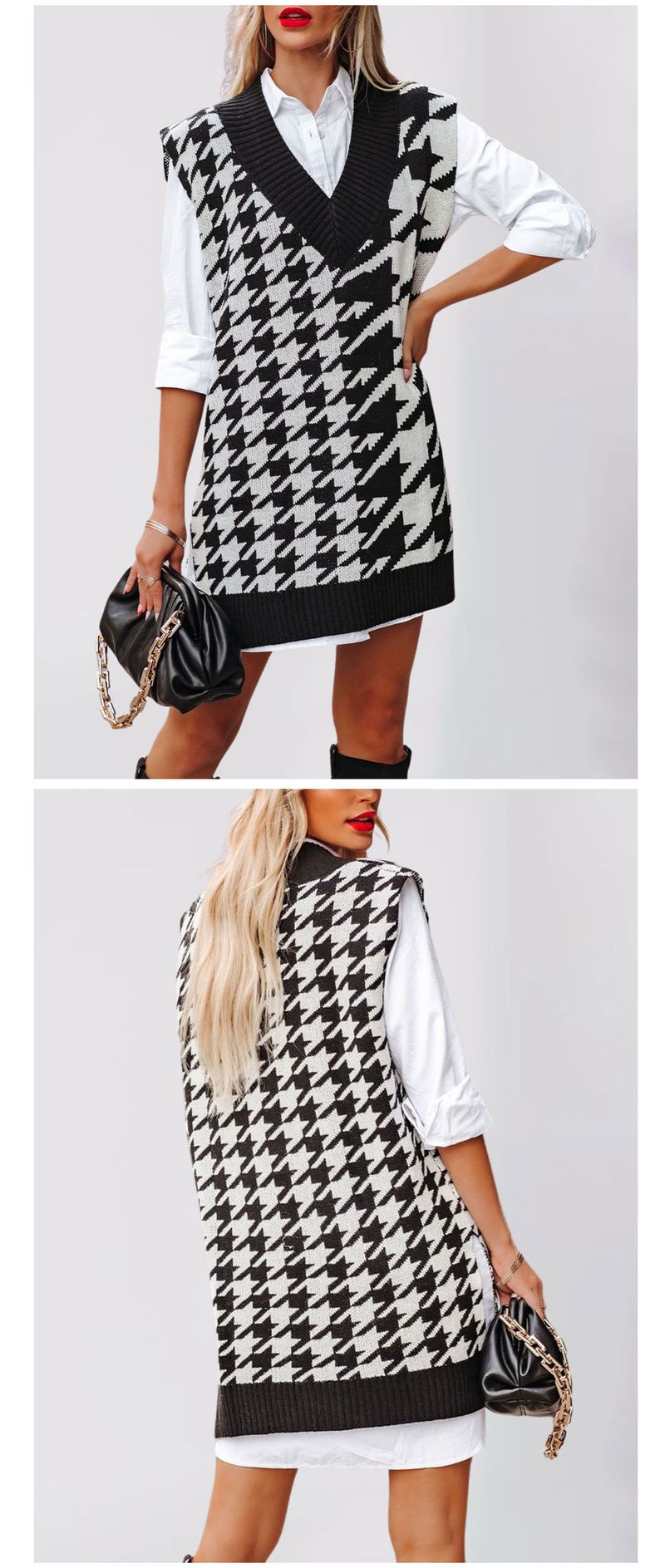 Damen Lockerer V-Ausschnitt Thousand Bird Grid Strickpullover Ärmellose Weste Weste_voghion.com