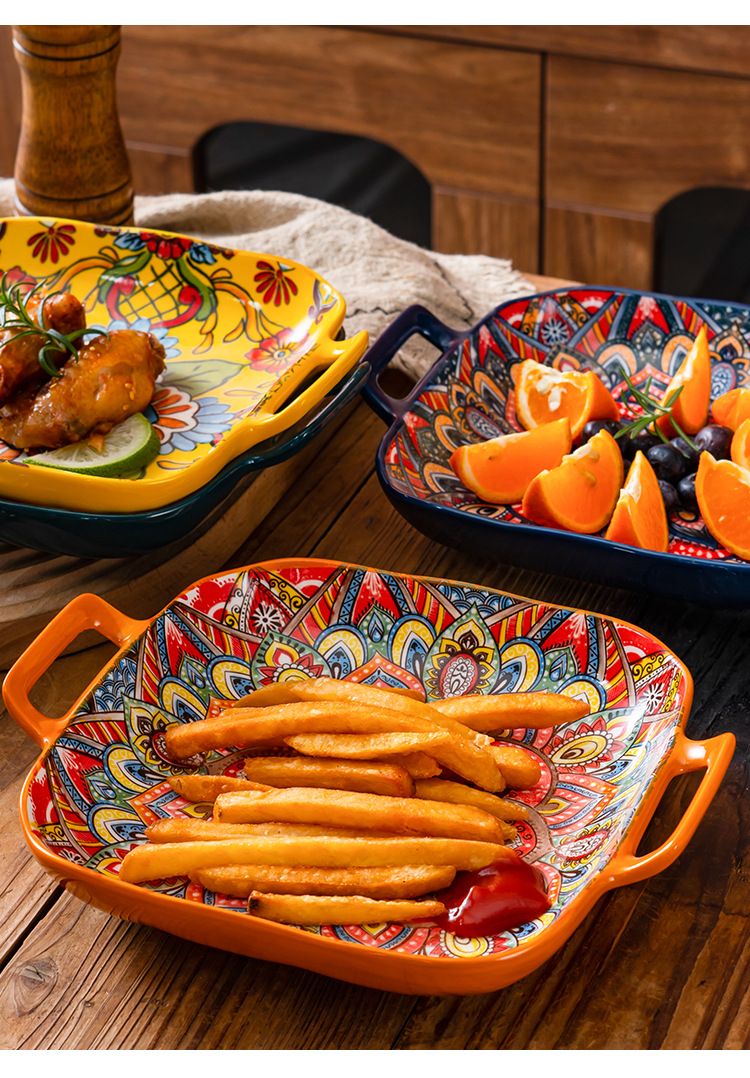 Bohemian Square Ceramic Plates With Handles - Creative Dinnerware Set For Pasta Fruit & Cooking Trendy Home Tableware_voghion.com