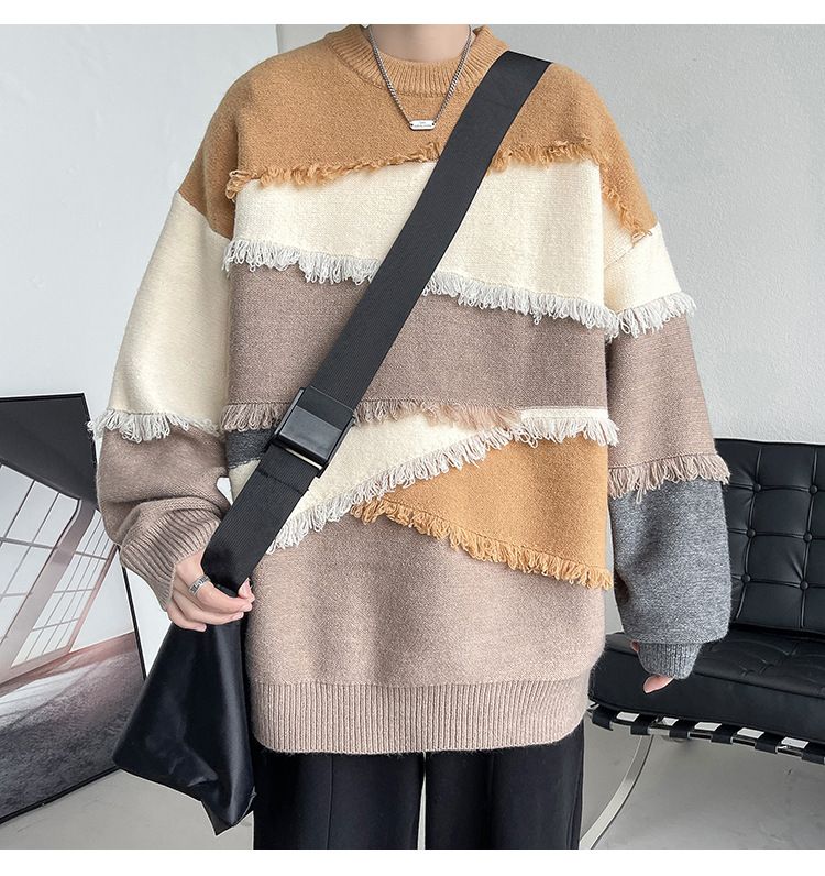 Retro-Strickpullover – Oversize-Unisex-Pullover mit Kontrastbesatz und Fransen_voghion.com