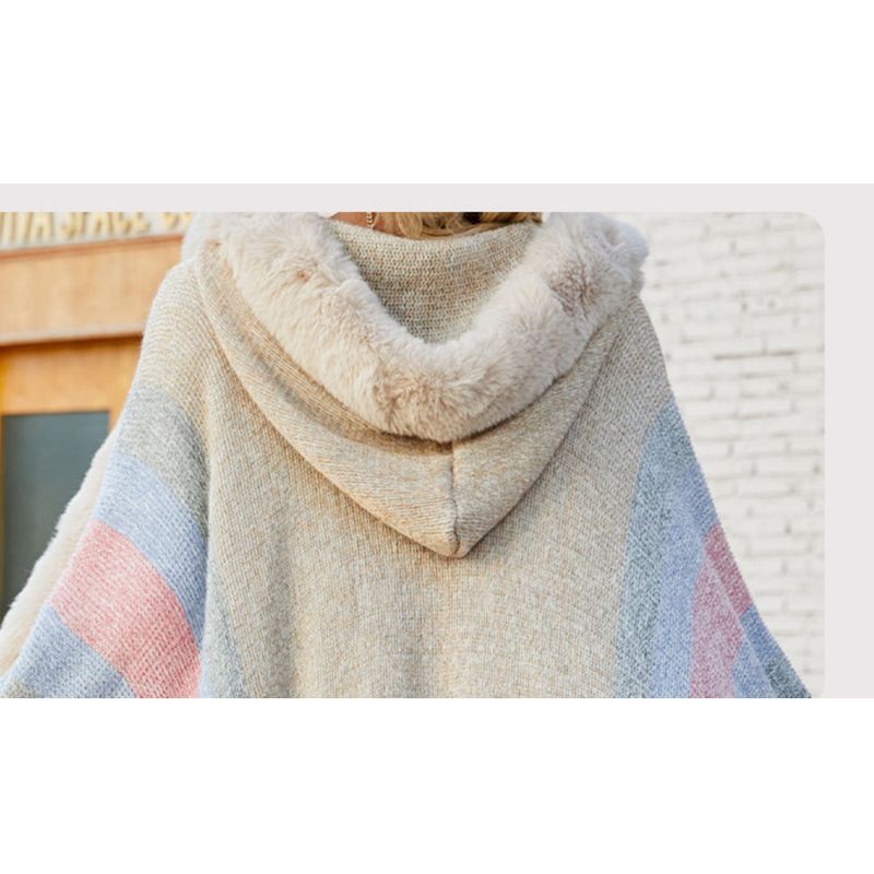 2025 Fall And Winter New Striped Knitted Tassel Shawl, Women's Hooded Poncho Versatile_voghion.com
