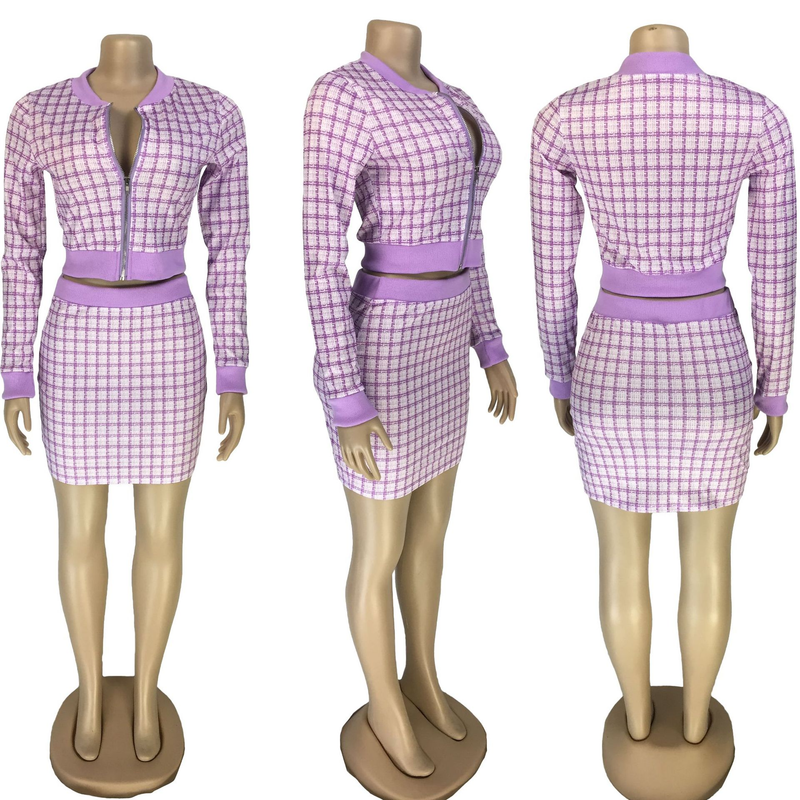 Abito da donna in due pezzi a maniche lunghe filettato stampato stampato alla moda in stile piccolo profumo_voghion.com