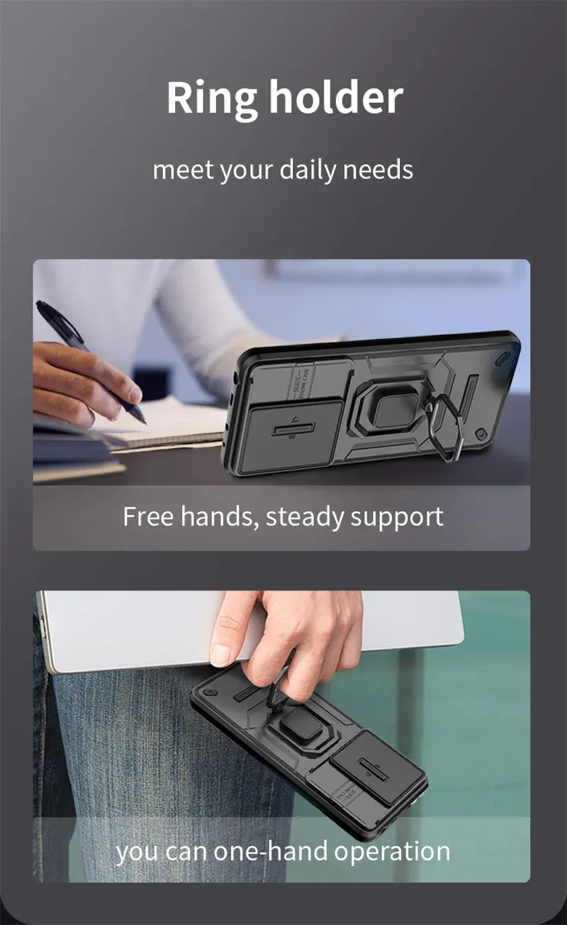For Xiaomi 14 Ultra 13T POCO X6 X5 M6 F5 Pro C65 Armor Phone Case with Slide Camera Protection Ring Holder Bracket Cover_voghion.com