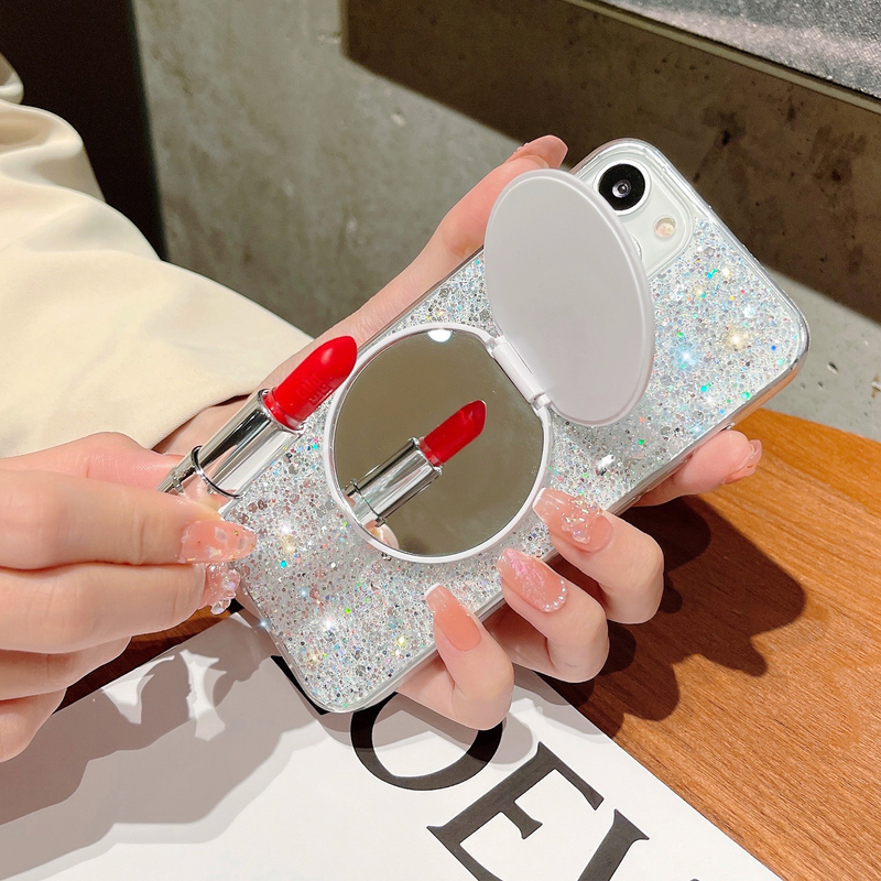 Glitter Makeup Mirror Stand Holder Phone Case For Huawei P40 P30 Pro Mate 30 40 20 Pro Nova 8 7 6 5 Pro Honor X8 50 Soft Cover_voghion.com