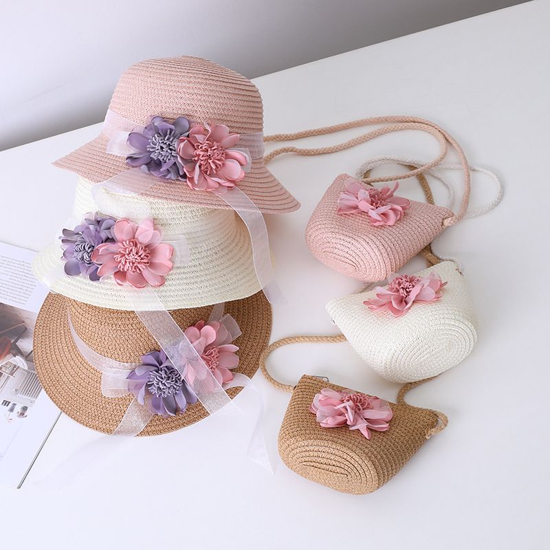 Neue Sommerkinderstroh-Eltern-Kind-kleine Umhängetasche Set Mädchen Baby Blume Fischertopf Big Eaf Sonnenblende Hut_voghion.com