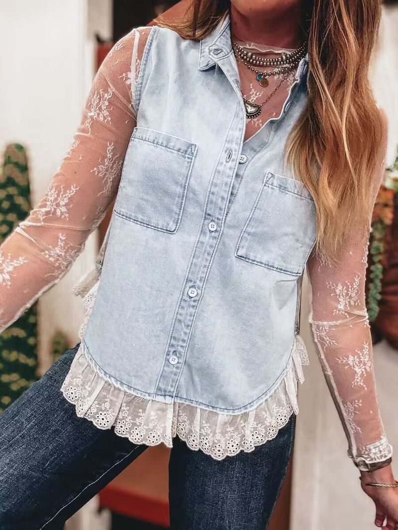 Women's Clothing Spring And Summer Lace Stitching Denim Sleeveless Top Vest_voghion.com