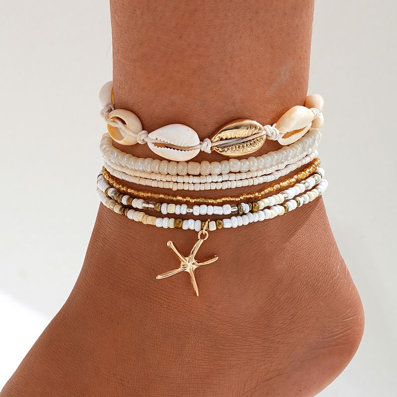 Women's Anklets Fashion Beach Vacation Style Rice Bead Shell Starfish Multi-layer Anklet_voghion.com