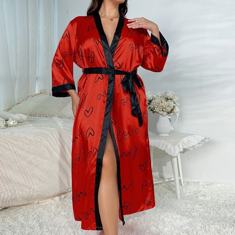 Nachtwäsche-Set in Übergröße – Fließender Pyjama mit V-Ausschnitt und langen Ärmeln, Animalprint und Spitzenbesatz (XL–5XL, Rot/Pink/Leopard/Blau/Schwarz)_voghion.com