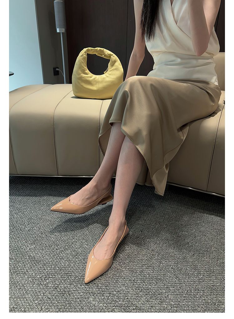 Lancui Nude Wedge Half Slippers For Women Summer Outdoor Patent Leather Chunky Heel Closed Toe Sandals Slim Pointed High_voghion.com