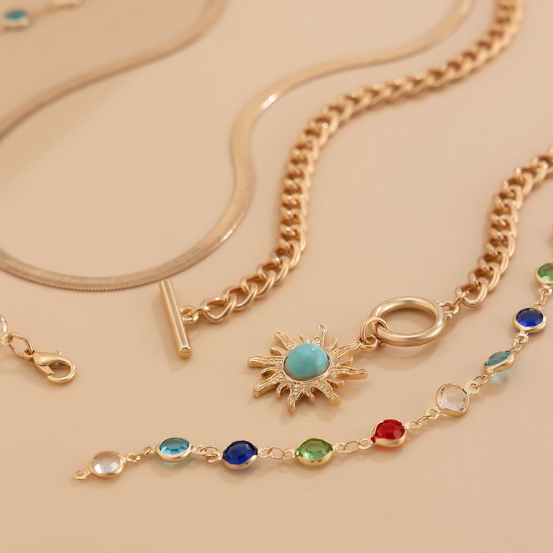 Ins Style Colorful Crystal Snake Bone Chain Necklace, Simple Turquoise Sun Pendant Set, Layered Necklace Accessory_voghion.com