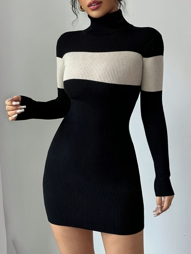Vestido de punto con bloques de color para mujer: vestido de invierno ajustado con cuello alto (tallas S/M/L/XL, negro)_voghion.com
