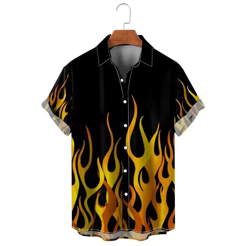 Herrenbekleidung Flammendruck Kurzarmhemd Mode Strandurlaub Revershemd Herren Sommer Button-Down-Hemd_voghion.com