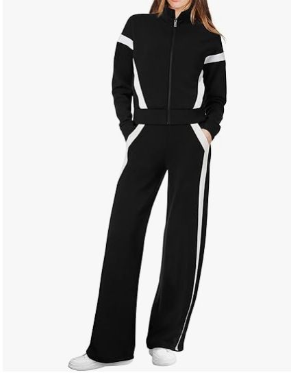 Women's Contrast Color Zip-Up Top With Striped Pants Casual Sporty Two-Piece Set - Black (S-Xxl)_voghion.com
