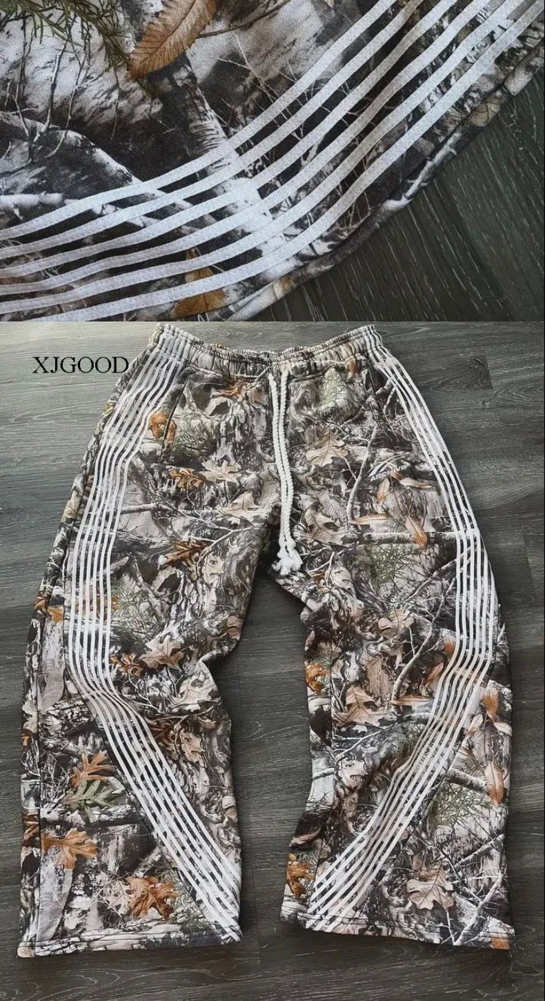 Leaf Camouflage Functional Tactical Cargo Washed American High Street Loose Graffiti Casual Long Pants For Men_voghion.com