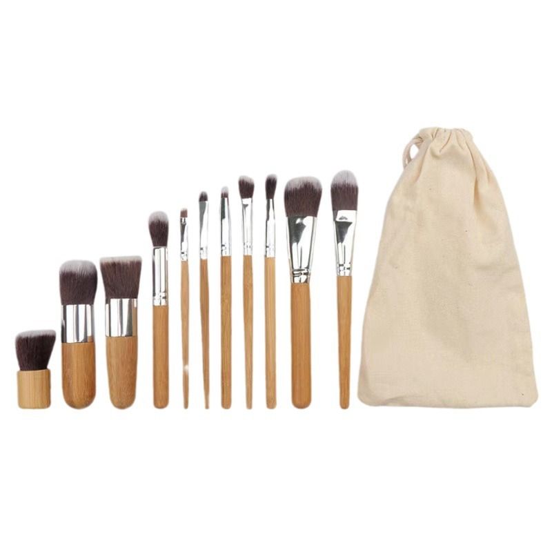 Heißer Verkauf 11-teiliges Make-up-Pinsel-Set mit Bambusgriff und umweltfreundlicher Canvas-Tasche, tragbare Schönheitswerkzeuge_voghion.com