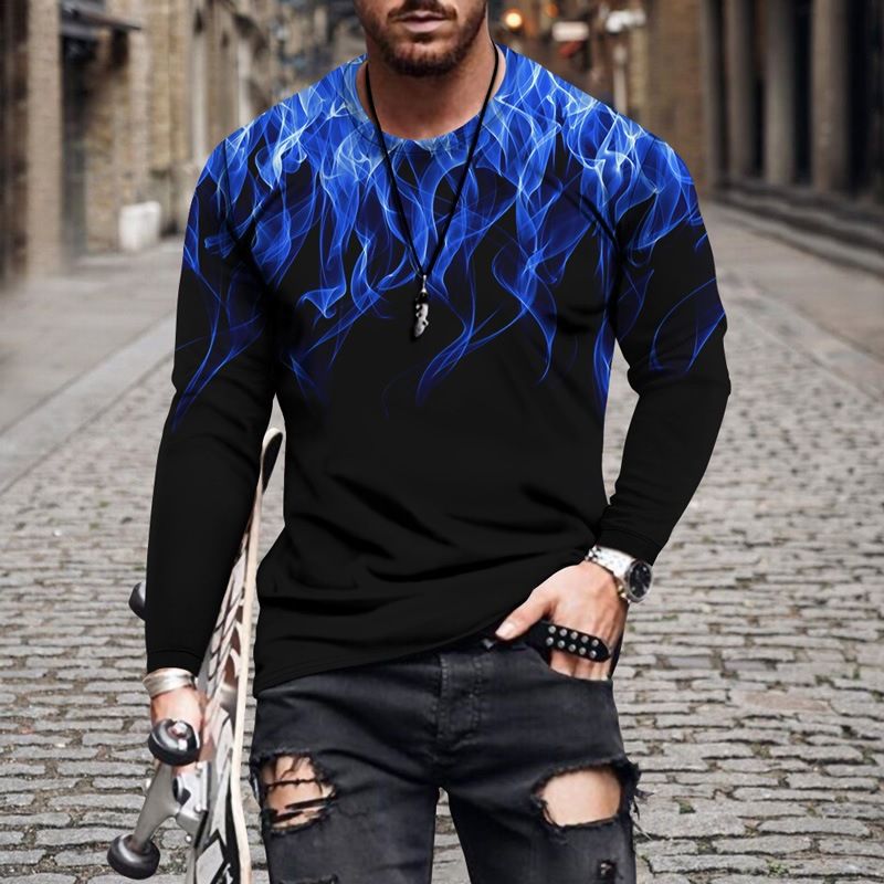 Herrenbekleidung Herren-T-Shirt mit Flammen-Print, minimalistisch, langärmelig_voghion.com