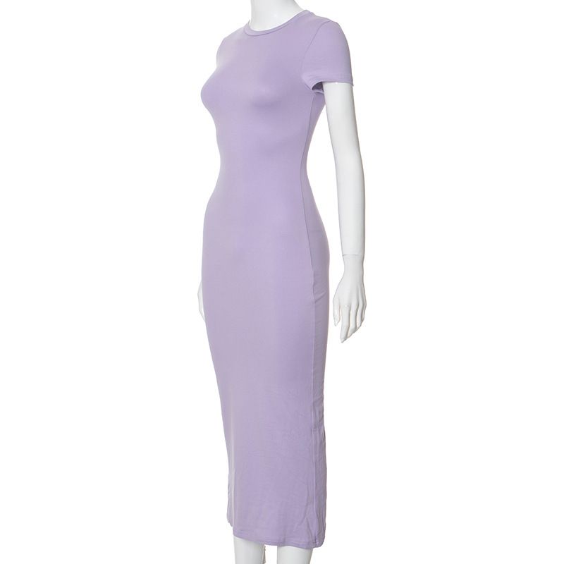 Abito da donna alla moda, a maniche corte, aderente, con scollo rotondo, tinta unita_voghion.com