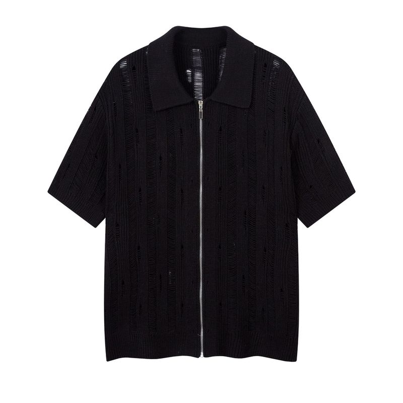 231 High-End Street Casual Hollow Design Strickpullover im amerikanischen Stil Lose Herren-Cardigan Kurzarm-T-Shirt_voghion.com