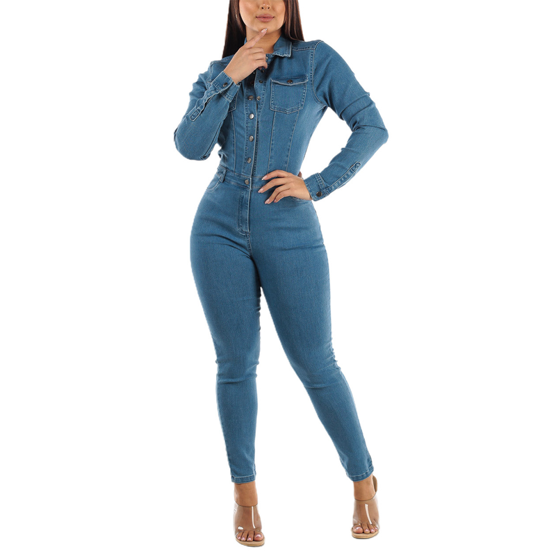 Modischer, schmaler Stretch-Denim-Overall für Damen mit langen Ärmeln und kleiner Fuß-Mund-Waschung_voghion.com