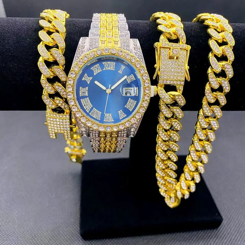 Modehorlogeset met diamanten hiphoparmband en kwartshorloge_voghion.com