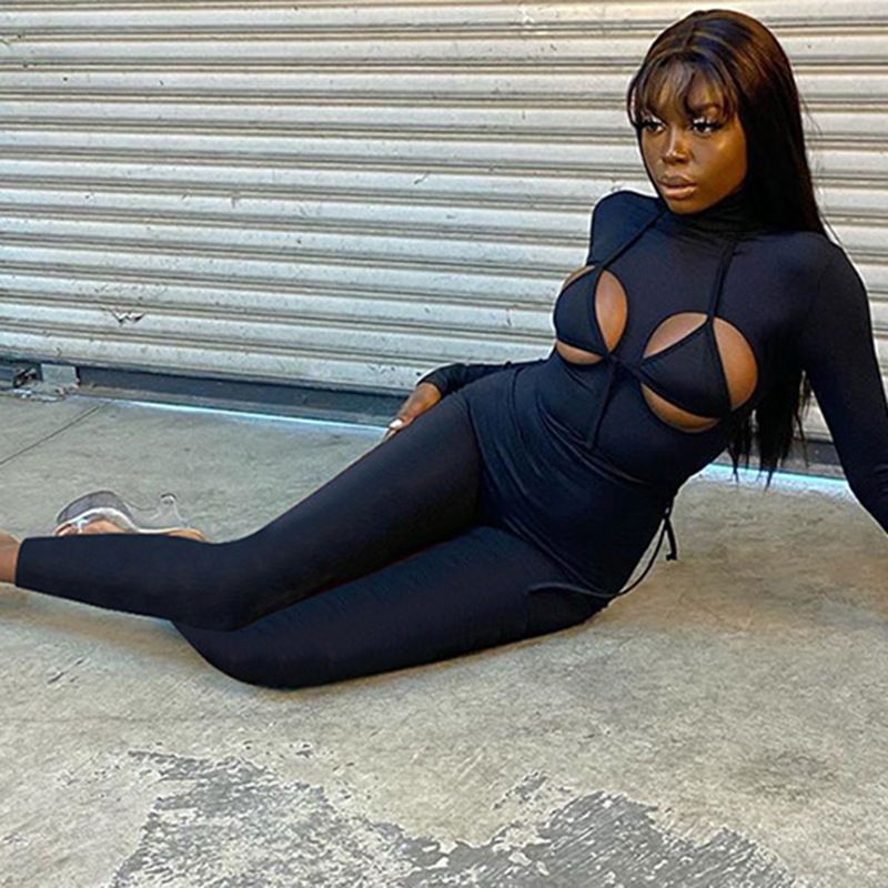 S7567 Fashion European And American Street Style Sports Solid Color Hollow Out Jumpsuit With Camisole Vest Two-Piece Set_voghion.com