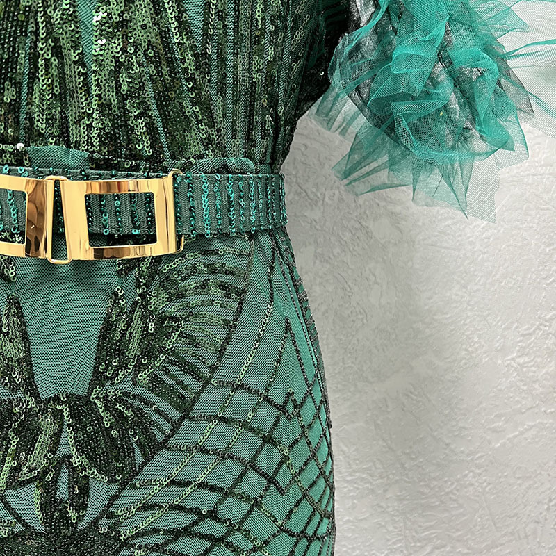 Paillettenkleid für Damen, schmal geschnittener Fischschwanz-Langrock, Bubble-Mesh-Ärmel, modische Abendgarderobe_voghion.com