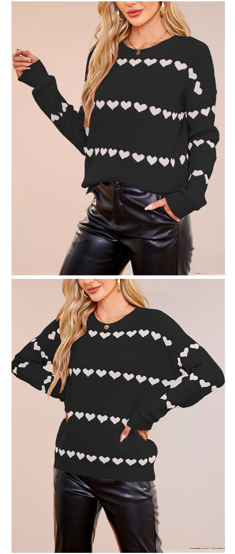 Cozy Oversized Knit Sweater With Heart Pattern - Women's Casual Pullover For Fall & Winter - Soft Viscose Blend, Streetwear Fashion_voghion.com