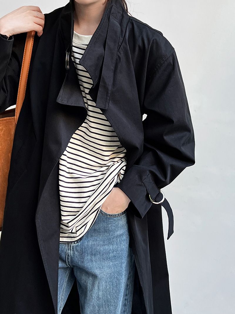 Elegant British-Style Long Trench Coat For Women – Minimalist & Luxurious Knee-Length Overcoat With Adjustable Belt, Pure Cotton, Black & Light Beige_voghion.com