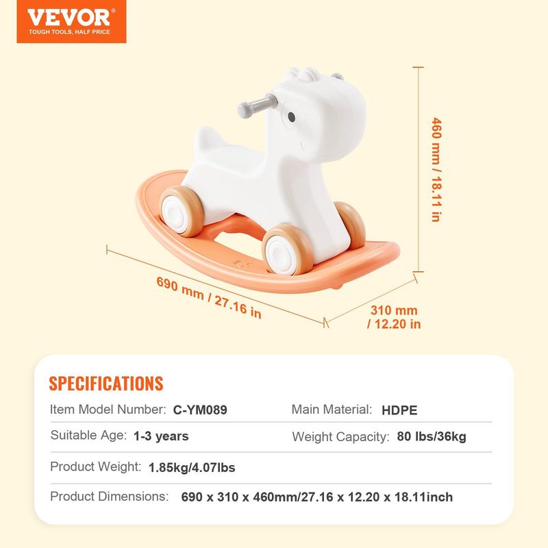 VEVOR 3 In 1 Rocking Horse For Toddlers 1-3 Years, Baby Rocking Horse With Detachable Balance Board And 4 Smooth Wheels, Support Up To HDPE Material 80 Lbs Kids Ride On Toy, 40° Swinging, Red_voghion.com