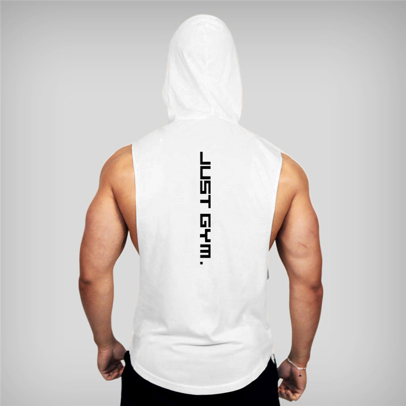 Muscle men's fitness cotton printed camisole hooded sports vest loose hurdle training sleeveless top_voghion.com