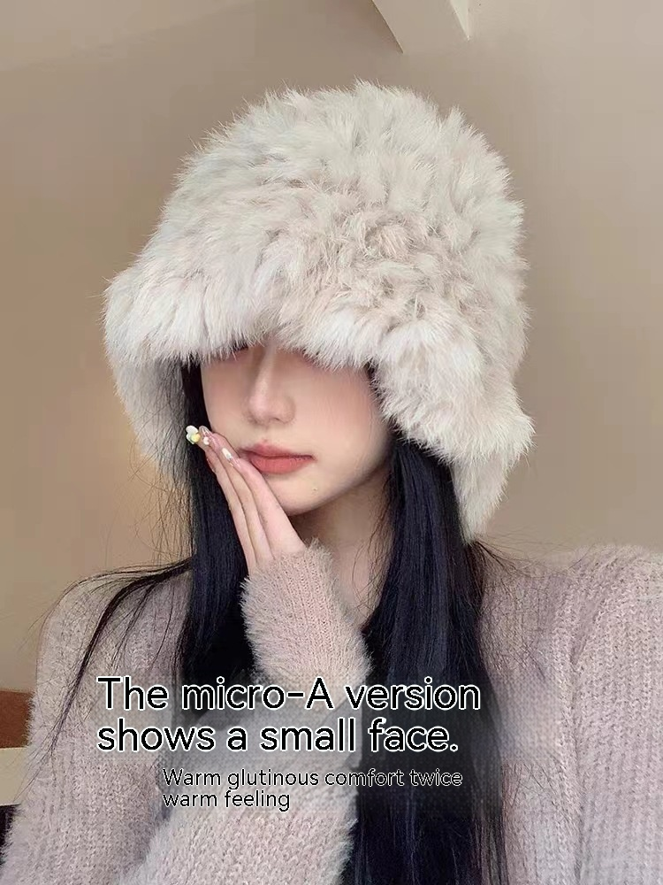 Cappello in peluche bianco da donna in vero pelo di coniglio in autunno inverno per tenersi al caldo e mostrare il viso, l'orecchio piccolo_voghion.com