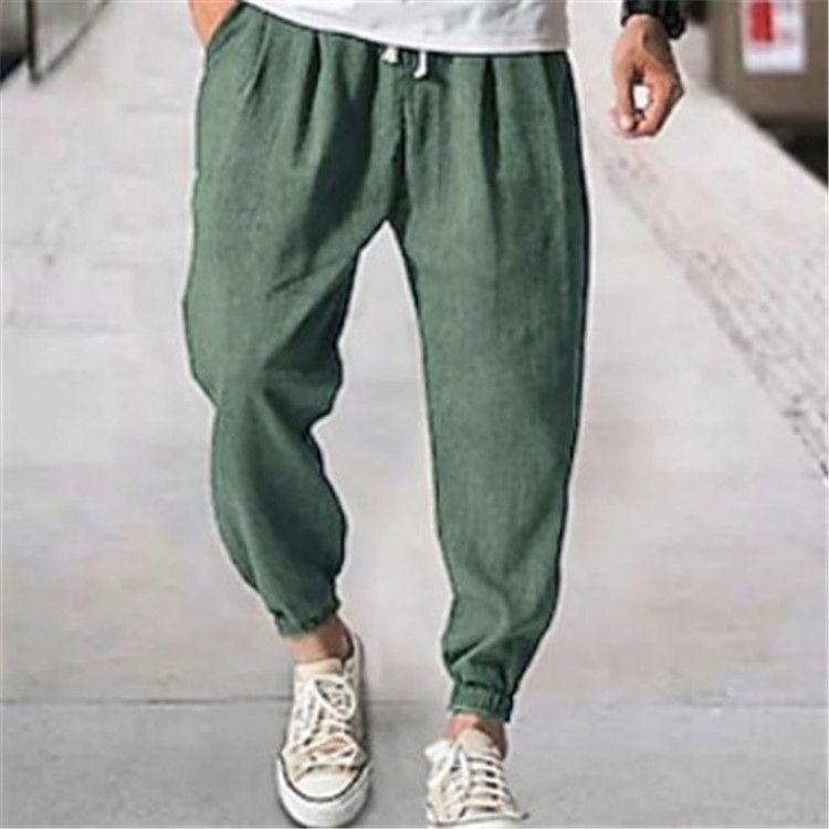 Herrenbekleidung Herren-Jogginghose aus Baumwoll-Hanfseil mit elastischer Taille und Vordertasche, einfarbig, bequeme, lässige Hose mit lockerem Bein_voghion.com