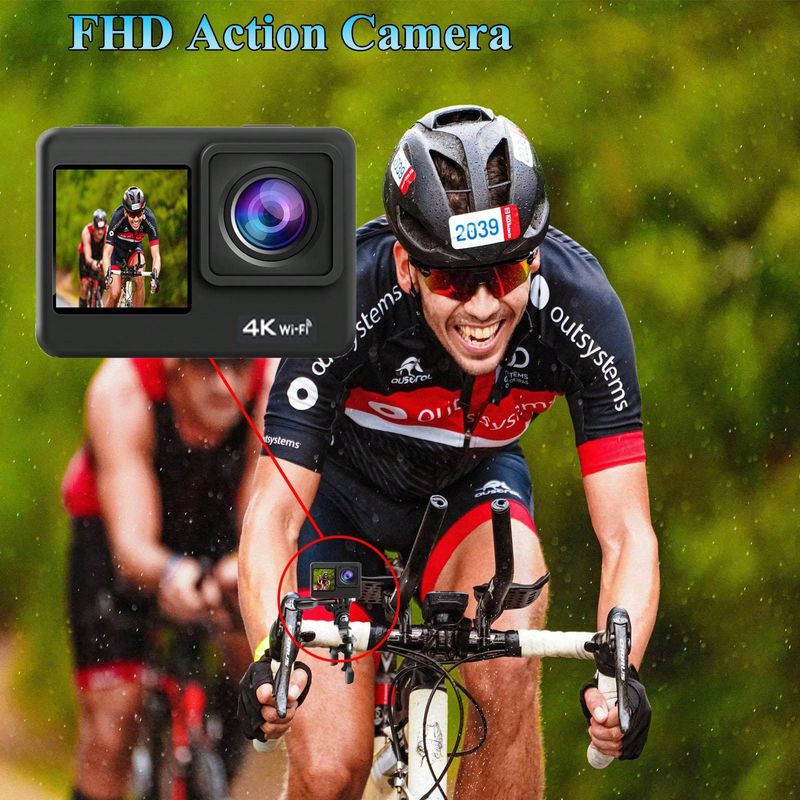 Cámara deportiva para exteriores con pantalla dual 4K y WIFI, videocámara para ciclismo, resistente al agua hasta 30 m_voghion.com