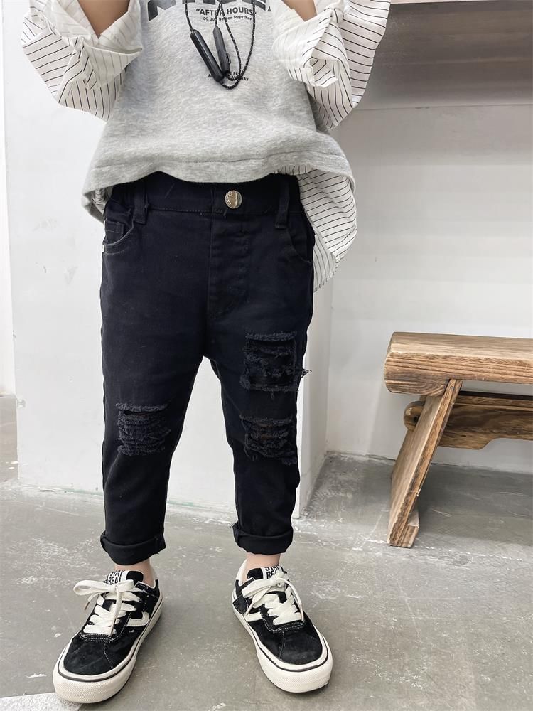 Kid's Clothing Children's pants new black and white trousers baby wear slim fit hole style trendy pants stretch cotton jeans_voghion.com
