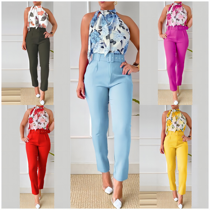 Fashionable Pure Color Printed Sleeveless Top And Pants Two Piece Set With Belt New 2025 Hot Sale Women's Clothing Skirt Set_voghion.com