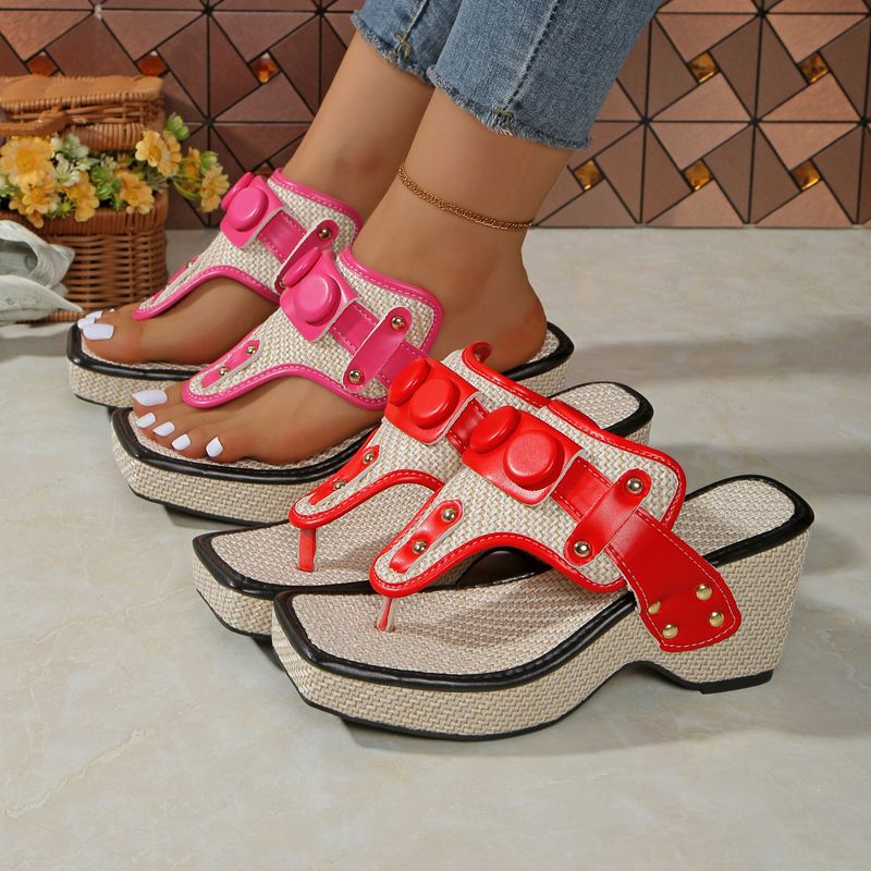 Women's Shoes Bohemian Style Wedge Heel Thick Sole, Sandals, Rivets, Elegant, Party, Simple, Solid Color, Summer_voghion.com