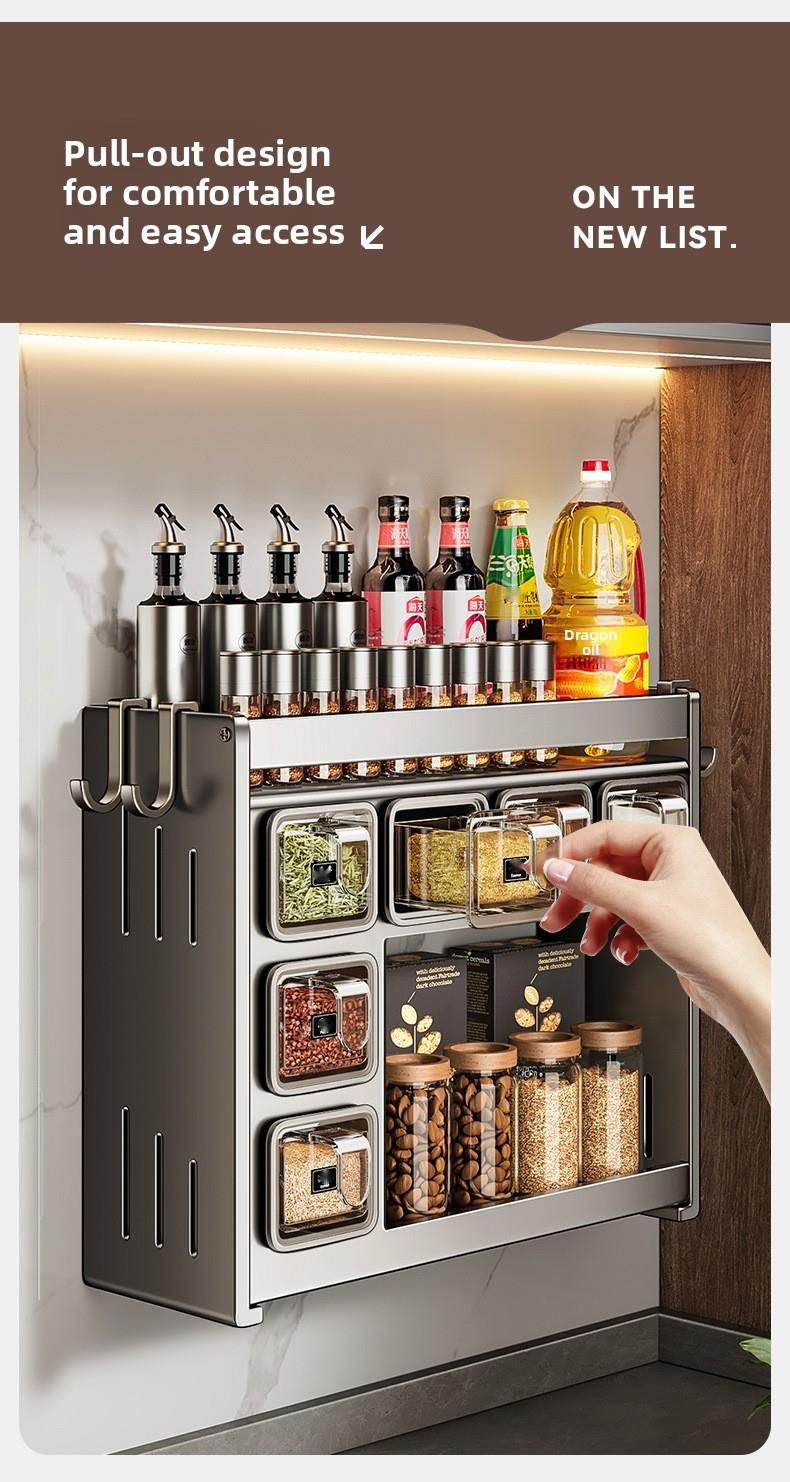 Home Kitchen Spice Rack Multi-Functional No-Drill Wall-Mounted Seasoning Storage Box_voghion.com