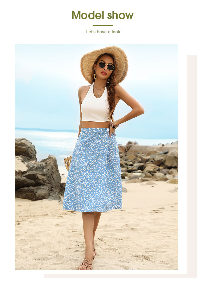 Jupe une pièce florale bleue à taille haute et fendue_voghion.com