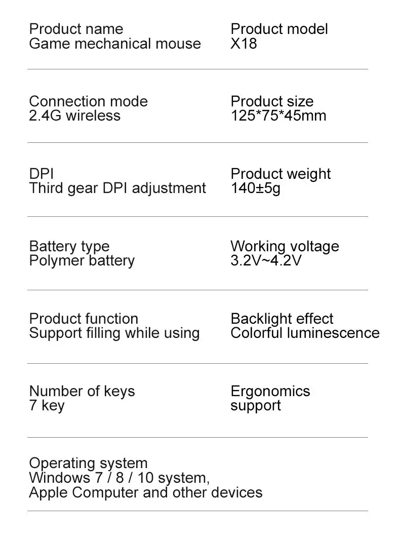 Mouse da gioco wireless X18 ricaricabile con sensore ottico retroilluminato RGB arcobaleno e mouse da gioco ergonomici a 3 DPI per Windows Mac_voghion.com