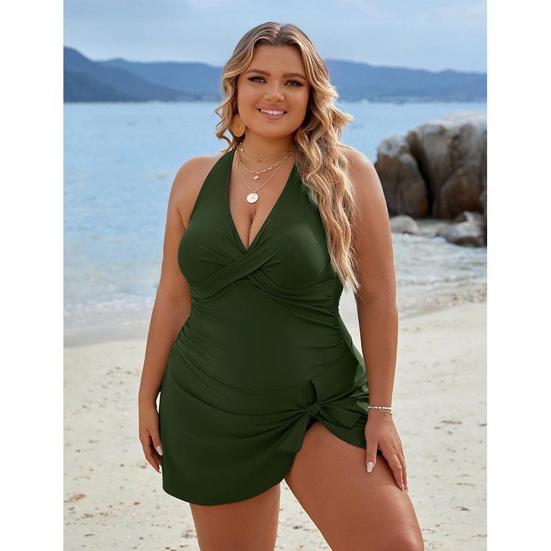 Plus Size Eendelig Badpak Voor Vrouwen - Hoog Getailleerd Bescheiden Badpak Met Kruisvormige Voorkant & Buikcontrole - Volledig_voghion.com